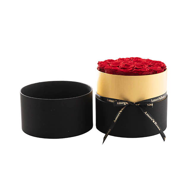 Amore Forever Rose x20 Head in Black Hat Box Red (23x26cmH)