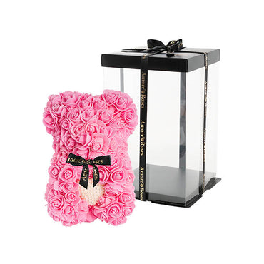 Amore Rose Bear w Pearl Heart & Black Bow Pink (25cmH)