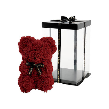 Amore Rose Bear w Black Bow Dark Red (25cmH)