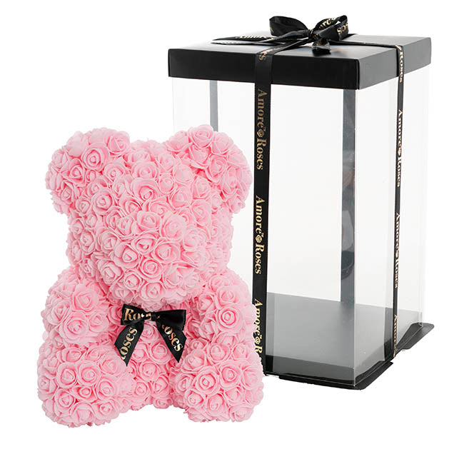 Amore Rose Bear Large w Black Bow Soft Pink (35cmH)