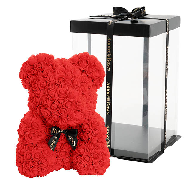 Amore Rose Bear Large w Black Bow Red (35cmH)