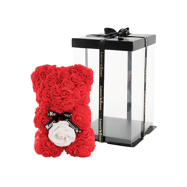 Amore Rose Bear w White Flower & Black Bow Red (25cmH)