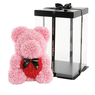 Amore Rose Bear Large w Red Heart & Black Bow Pink (35cmH)