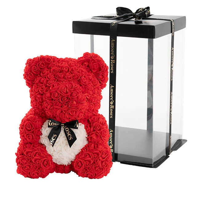 Amore Rose Bear Large w White Heart & Black Bow Red (35cmH)