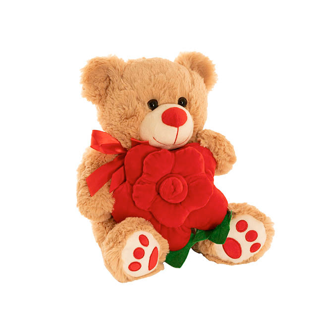 Teddy Bear Kev w Red Bow & Rose Plush Toy Brown (30cmST)