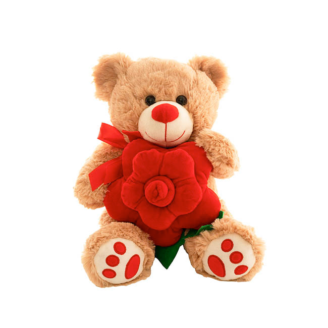 Teddy Bear Kev w Red Bow & Rose Plush Toy Brown (30cmST)