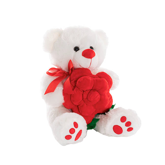 Teddy Bear Kev w Red Bow & Rose Plush Toy White (30cmST)