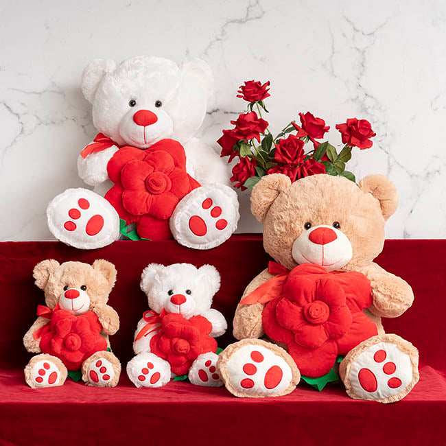 Teddy Bear Kev w Red Bow & Rose Plush Toy White (30cmST)