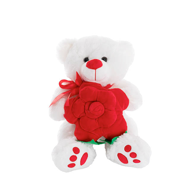 Teddy Bear Kev w Red Bow & Rose Plush Toy White (30cmST)