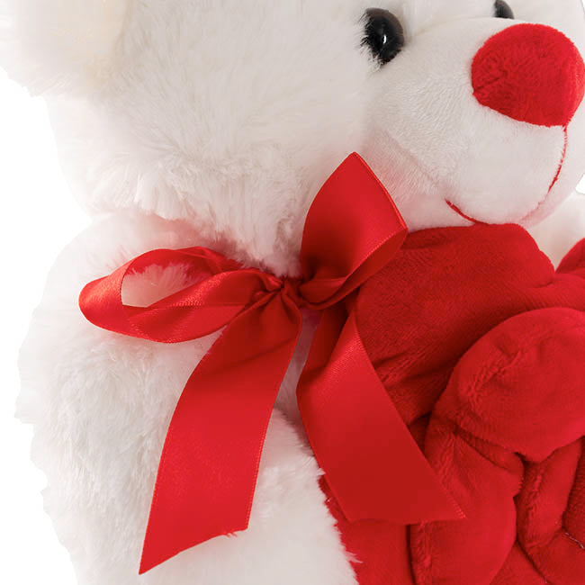 Teddy Bear Kev w Red Bow & Rose Plush Toy White (30cmST)