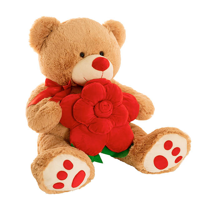 Teddy Bear Kev w Red Bow & Rose Plush Toy Brown (55cmST)