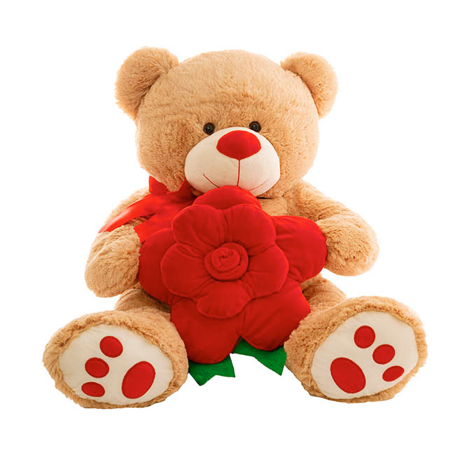 Teddy Bear Kev w Red Bow & Rose Plush Toy Brown (55cmST)