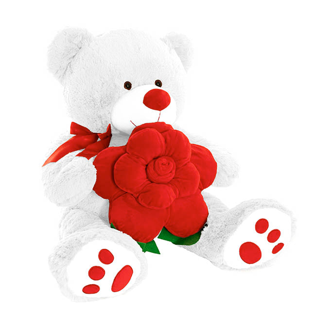 Teddy Bear Kev w Red Bow & Rose Plush Toy White (55cmST)