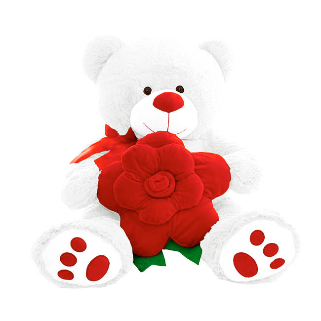 Teddy Bear Kev w Red Bow & Rose Plush Toy White (55cmST)