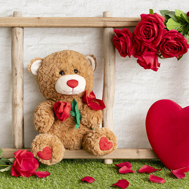 Romantic Charlie Teddy Bear w Rose Plush Toy Brown (31cmST)