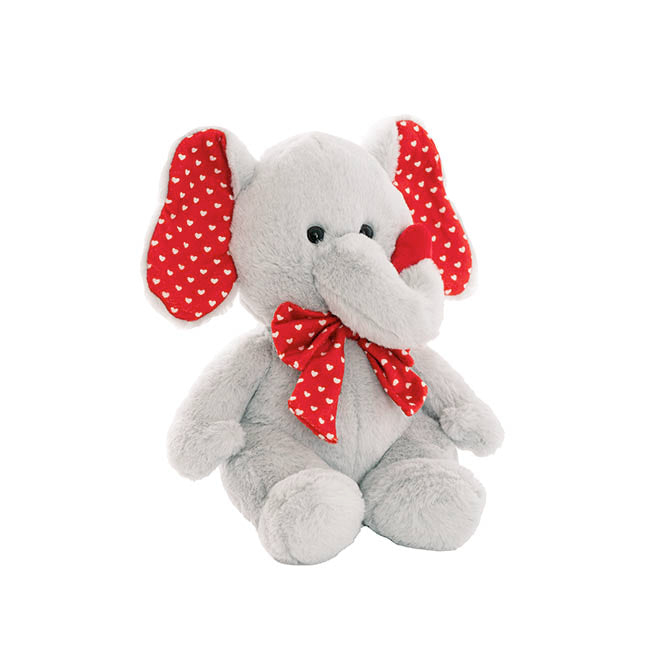 Elephant Terry w Heart Ears & Bow Plush Toy Grey (26cmST)