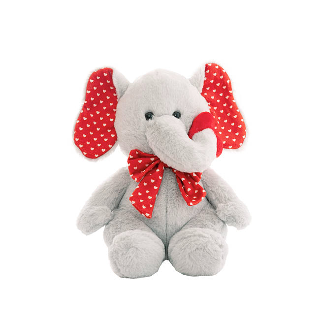 Elephant Terry w Heart Ears & Bow Plush Toy Grey (26cmST)